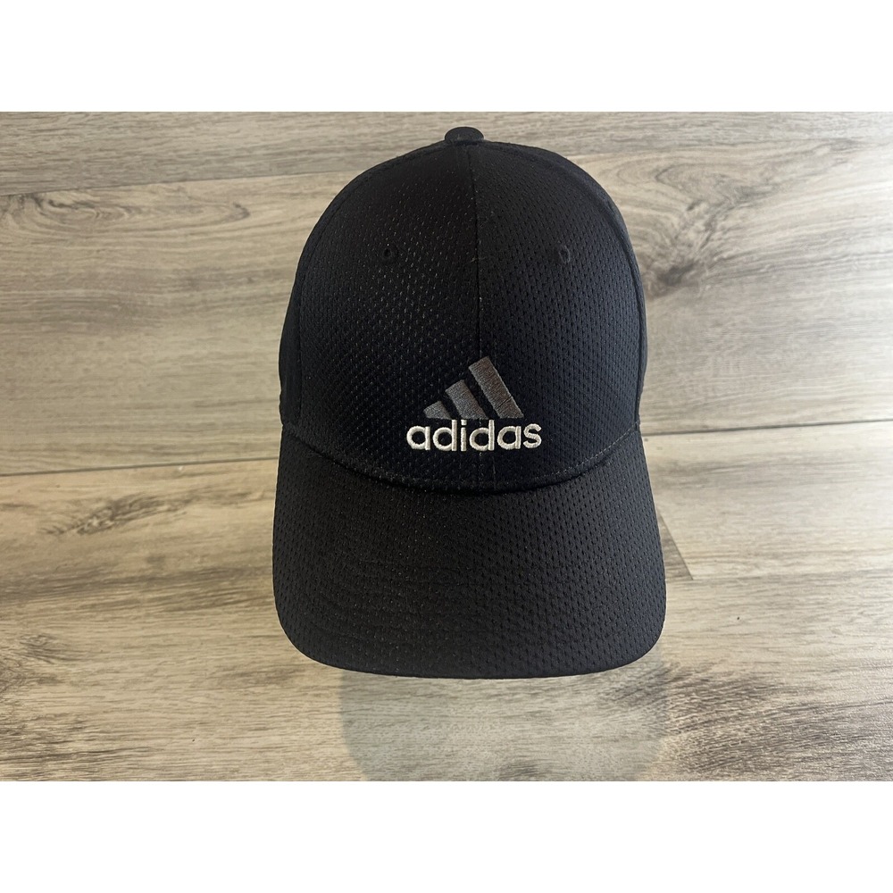 Adidas Black Cap Golf Hat 3-Stripe Spell-Out Logo A-Flex Size L/XL
